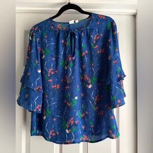 GAP Blue Floral Blouse with Ruffle Sleeves